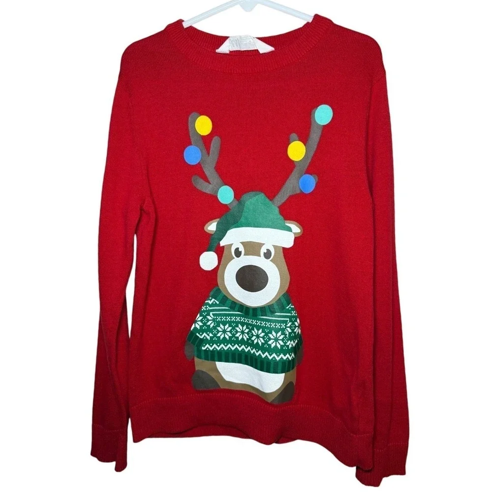 H&M Holiday Crew Neck Pullover Sweater Kids Size 6/7 Red Reindeer Christmas
